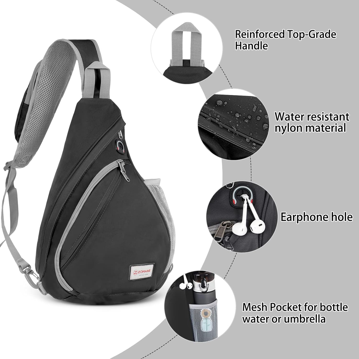 ZOMAKE Sling Bag,Crossbody Backpack - Lightweight Chest Shoulder Bag for Travel Hiking Sport,Waterproof Sling Daypack for Men & Women image number 5