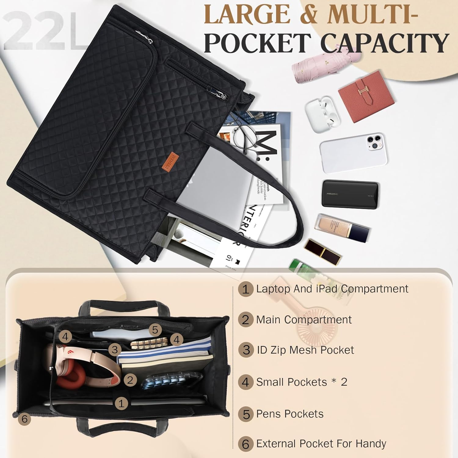 INSMEER Lunch Bag for Women, 22L Large Lunch Tote Bag for Work, Leakproof Lunch Cooler with 15.6 Inch Laptop Compartment, 2-In-1 Tote Bag for Office, Travel, Picnic image number 1