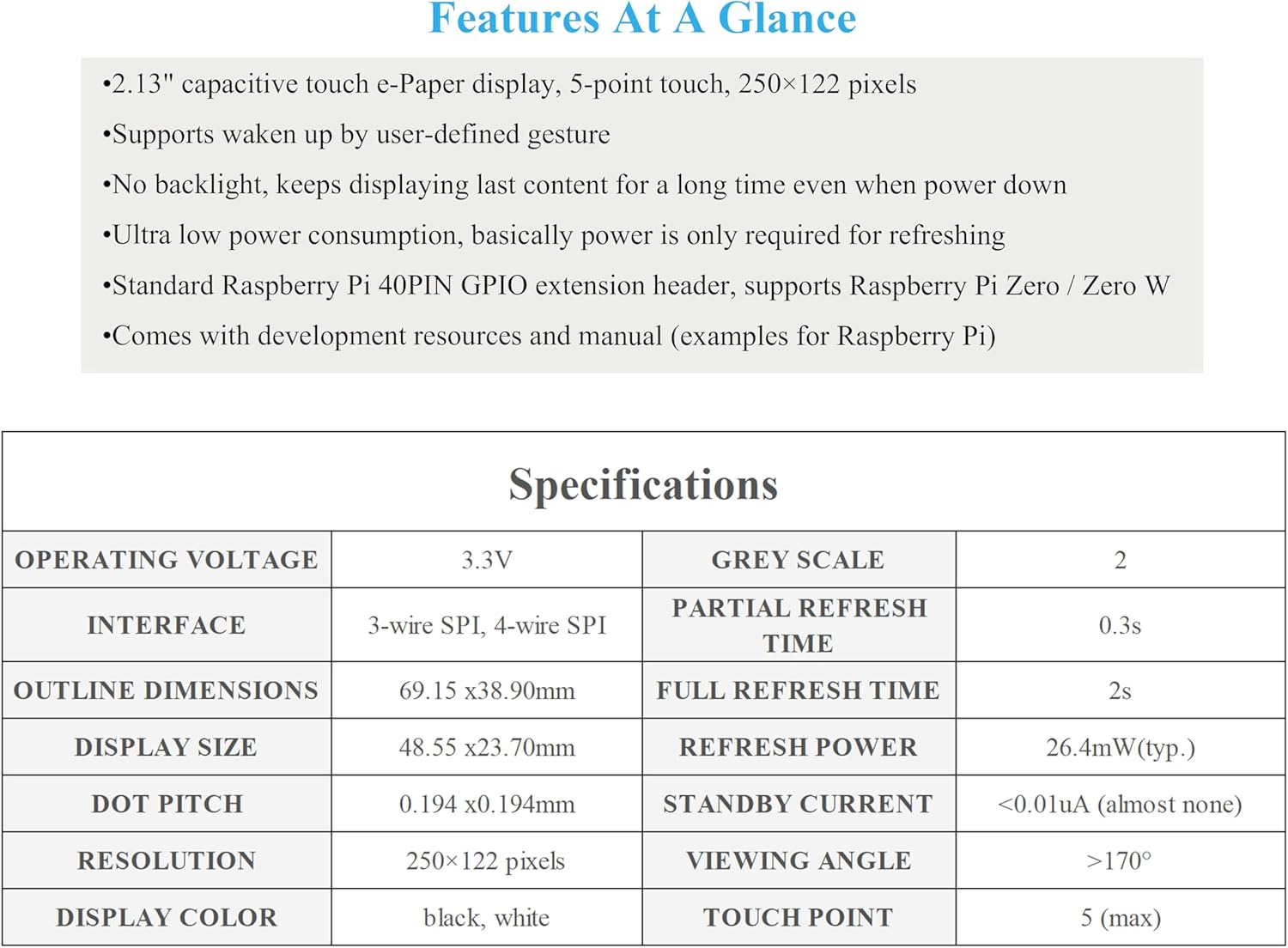 2.13Inch Touch E-Paper HAT E-Ink Display 250&times;122 Pixels Compatible with Raspberry Pi Zero 2 W/Zero 2 Wh/Pi Zero W/Pi Zero Wh/Pi Zero, 5-Point Touch, Supports Partial Refresh, with ABS Case