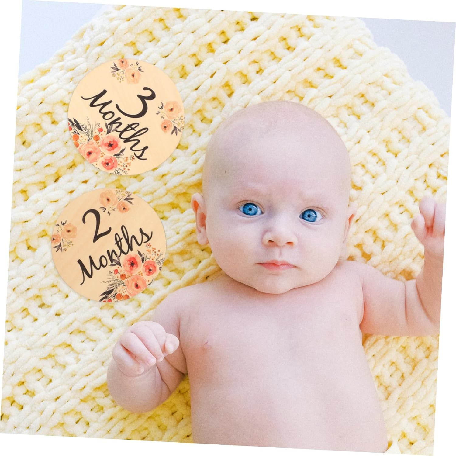 VANZACK 6 Pcs Wooden Monthly Milestone Cards Double Sided Flower Pattern Photo Props Newborn Growth Sign for Photography and Keepsake