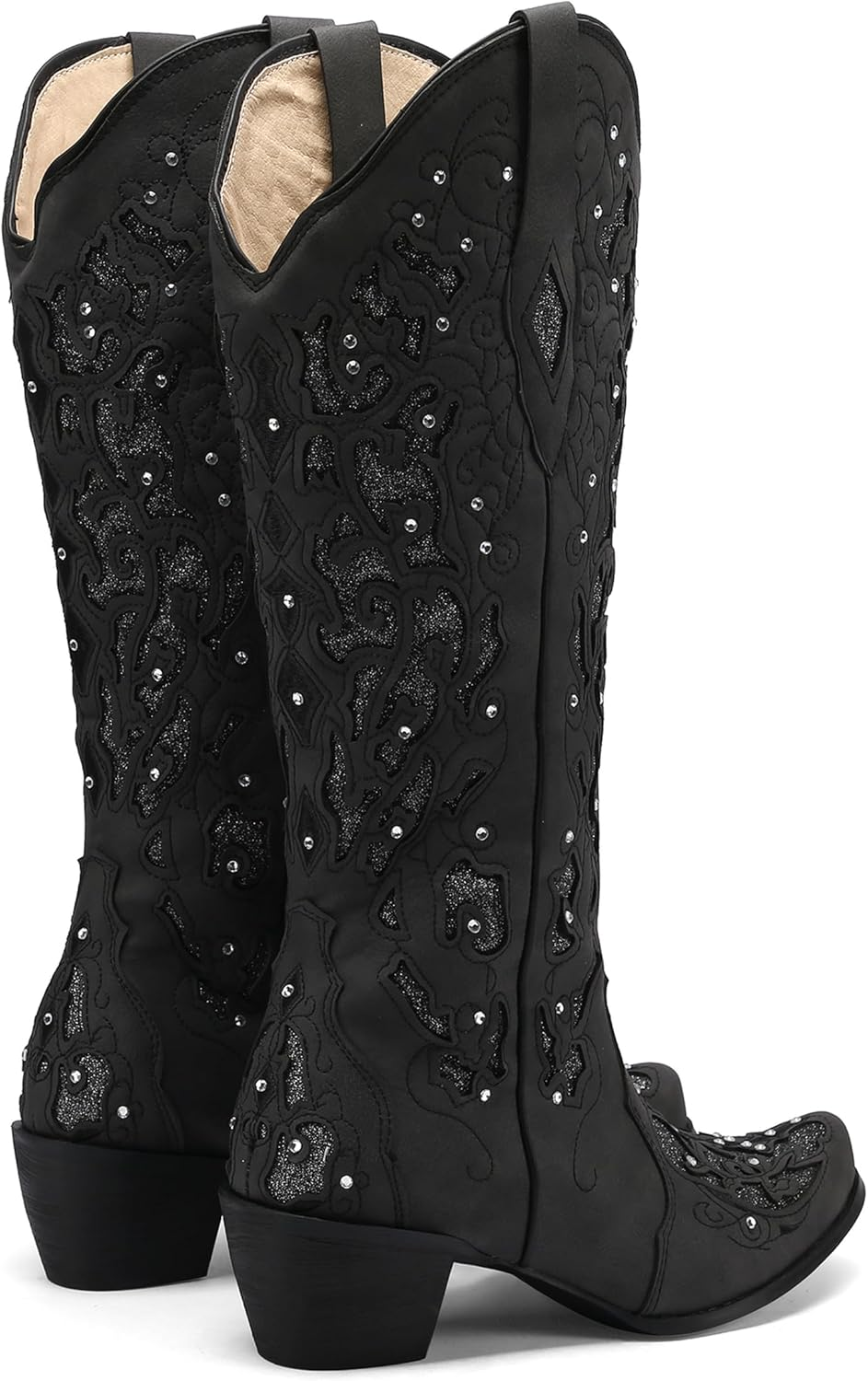 Sarairis Cowboy Boots for Women Cowgirl Boots Western Boots Chunky Heel Pointed Toe Pull on Rhinestones Embroidered Knee High Boots Mid Calf Boots image number 6