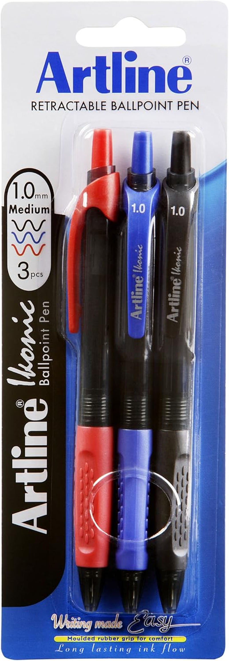 Artline, IK1840741, Ikonic Retractable Ballpoint Pen, 1Mm, Assorted Colours, 3 Pack image number 1