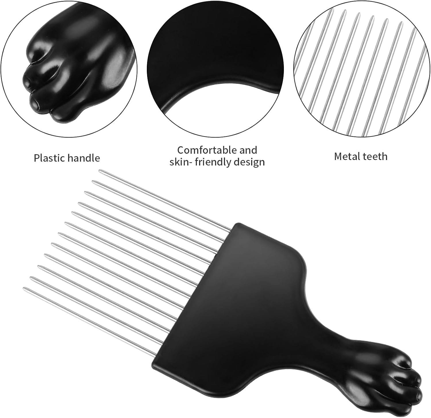 2 Pack Hair Picks for Afro, Curly Styling for Detangling and Styling, Hair Pick- Metal Hairdressing Tools for Women and Men (Black) image number 1