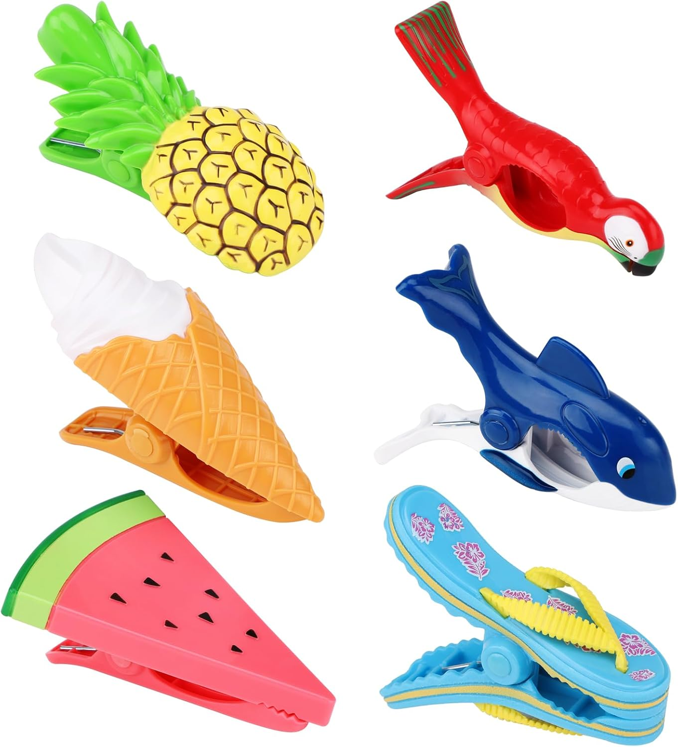 6 Pcs Beach Towel Clips,Beach Towel Pegs,Towel Pegs for Sun Lounger Pool, Flamingo,Parrot,Watermelon,Pineapple Chair Clips Portable Towel Holders Clips,Sunbed Pegs Large Laundry Clothes Pegs image number 1