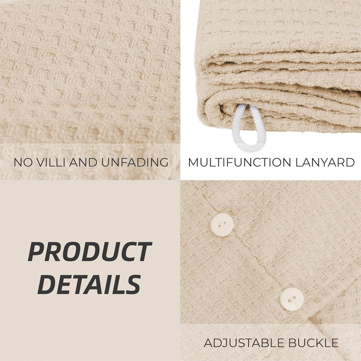 Microfiber Hair Drying Towel with Button 1Pack Khaki Waffle Long Hair Head Wraps Twist Plopping Curly Shower Turban Terry Cloth Fast Absorbent Dry anti Frizz Hair Wraps for Women Wet Hair image number 5