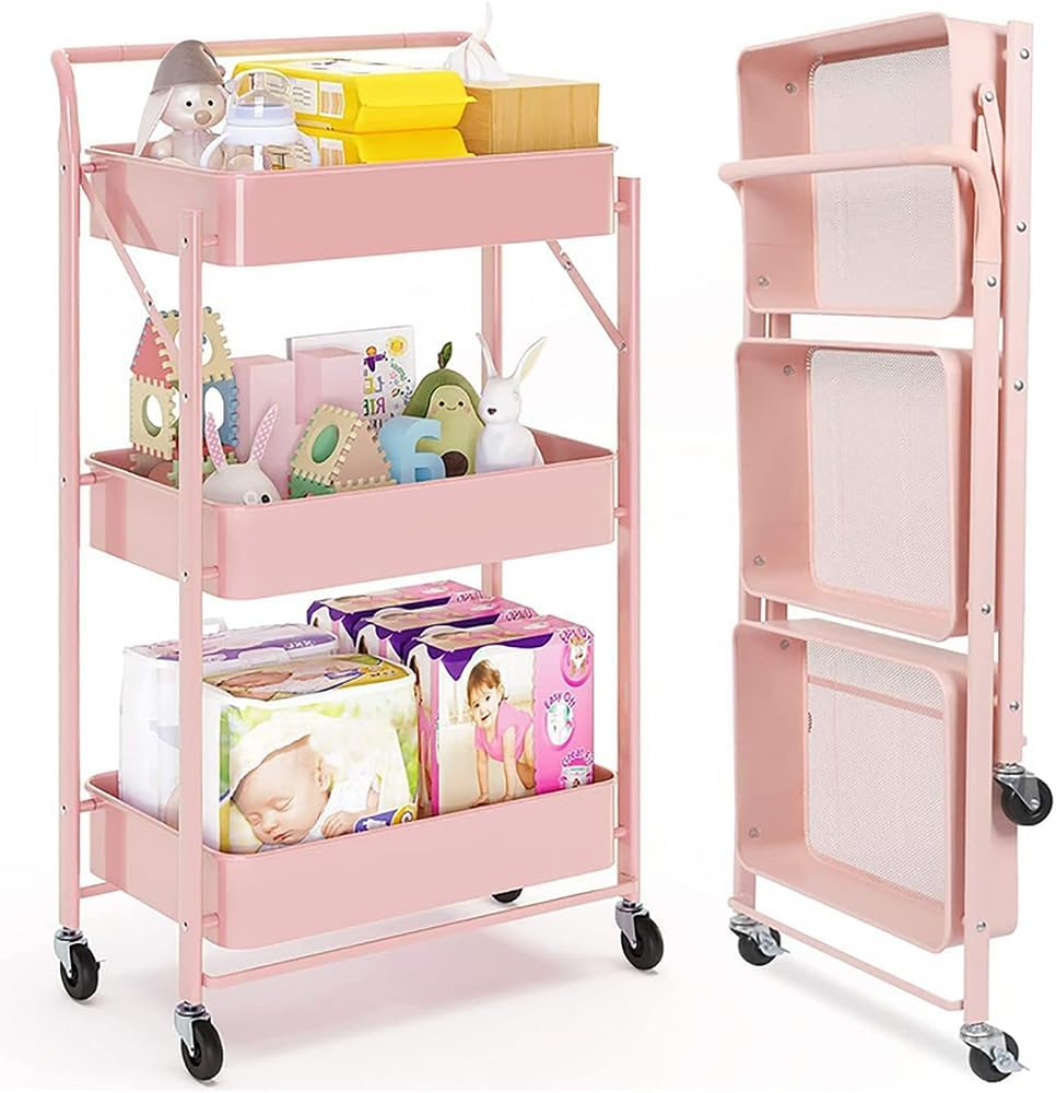 GUDAJIN 3-Tier Foldable Rolling Cart, Metal Cart with Handle, Foldable Mobile Organizer Cart, Multi-Function Storage Trolley, Rolling Storage Organizer Rack for Kitchen Pantry, Office (Black)