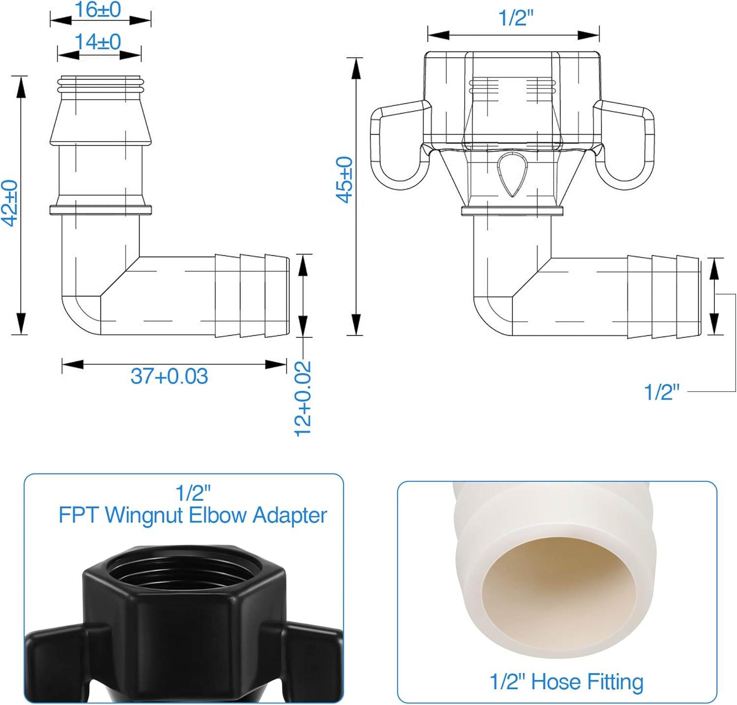 Dreyoo 1/2 Inch X 14 NPT X 1/2 Inch Barb Elbow and Straight Swivel Adapter RV Water Pump Fittings with Thread Seal Tape, 1/2 Inch Female Threaded Pex Fittings for Water Pump Strainer (Elbow) - Straight, Eibow image number 2