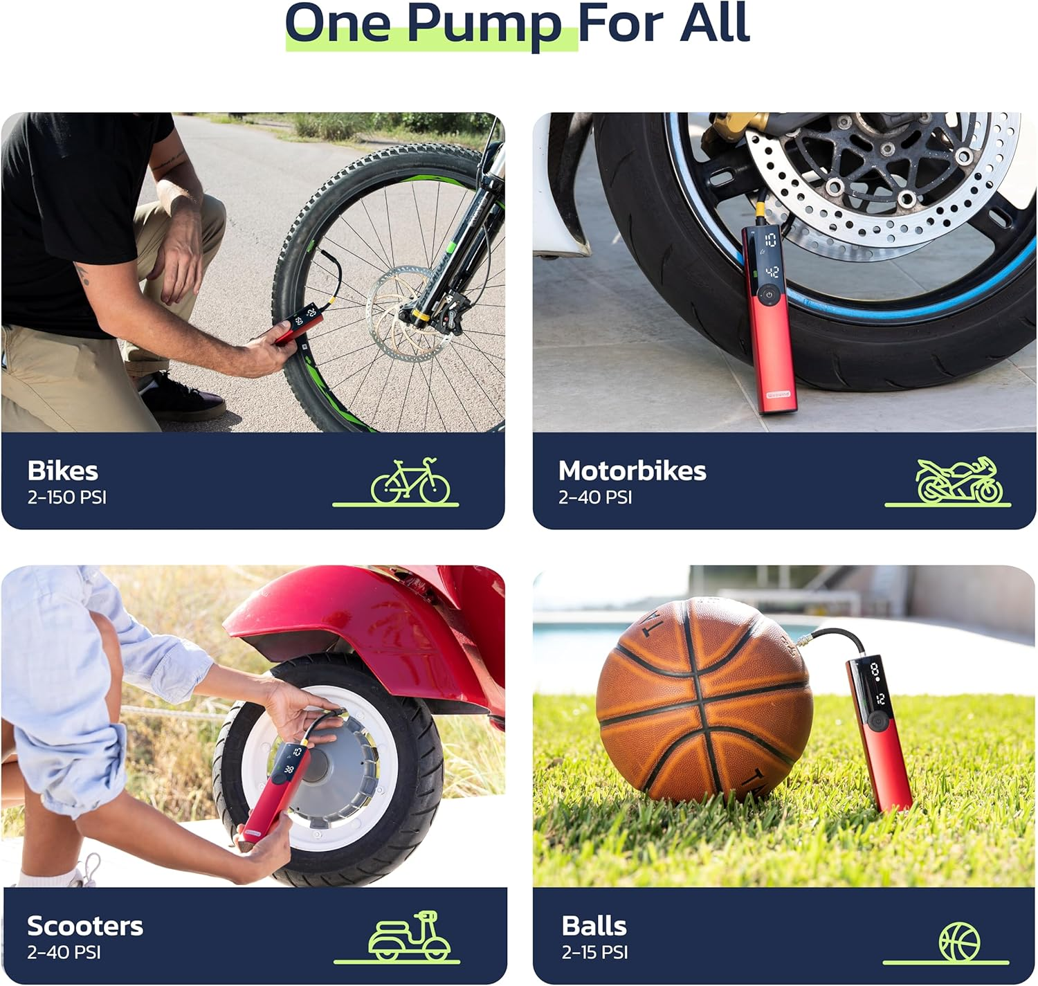 Woowind BP188 Bike Pump Electric Bicycle Pump, Portable Tyre Inflator Air Pump for Car Tyres, Auto Shut-Off Tyre Pump with Presta, Schrader Valve, 120~150PSI and Rechargeable(Red) image number 5