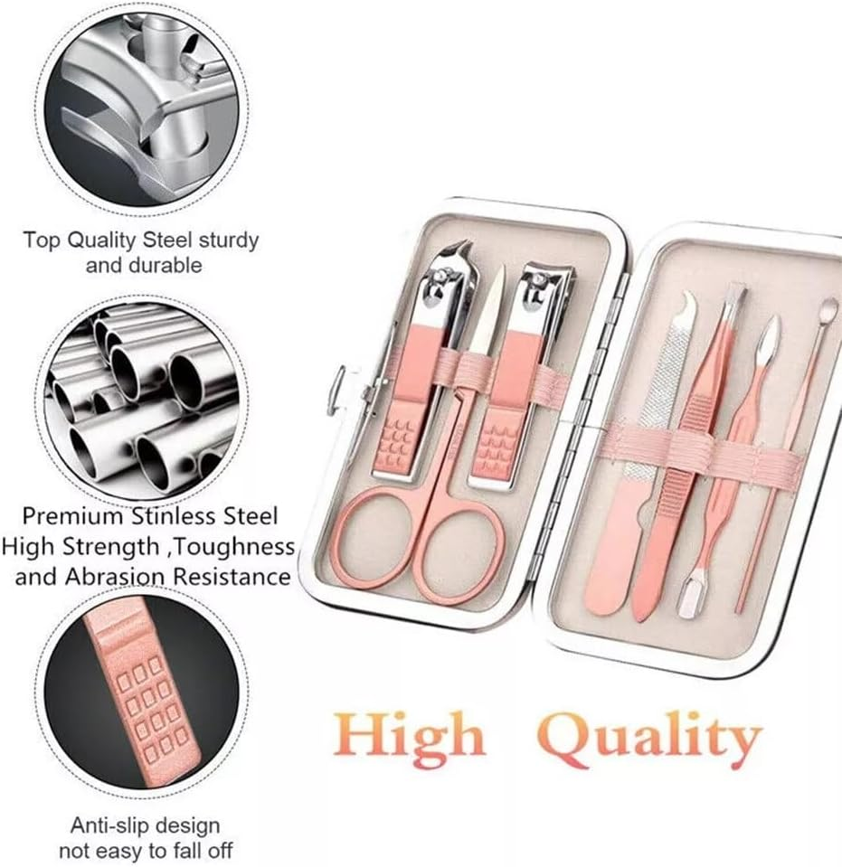 7 Piece Manicure Set, Nail Clipper Set, Manicure Pedicure Kit Stainless Steel Eyebrow Trimmer, Tweezers, Nail File, Cuticle Pusher, Nail Clippers in Pink PU Leather Case - Travel Kit & Home Use image number 6