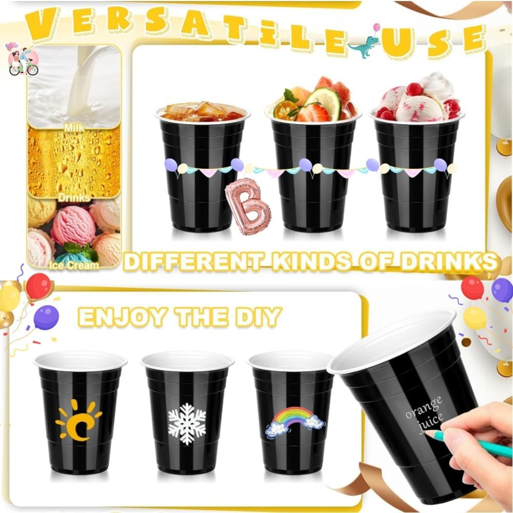 16Oz Black Party Cups,30Pcs Repeatable Cups for New Year, Christmas, Camping, Wedding,Birthday Party Supplies Holiday Celebration Wine Bbeer Drinks image number 2