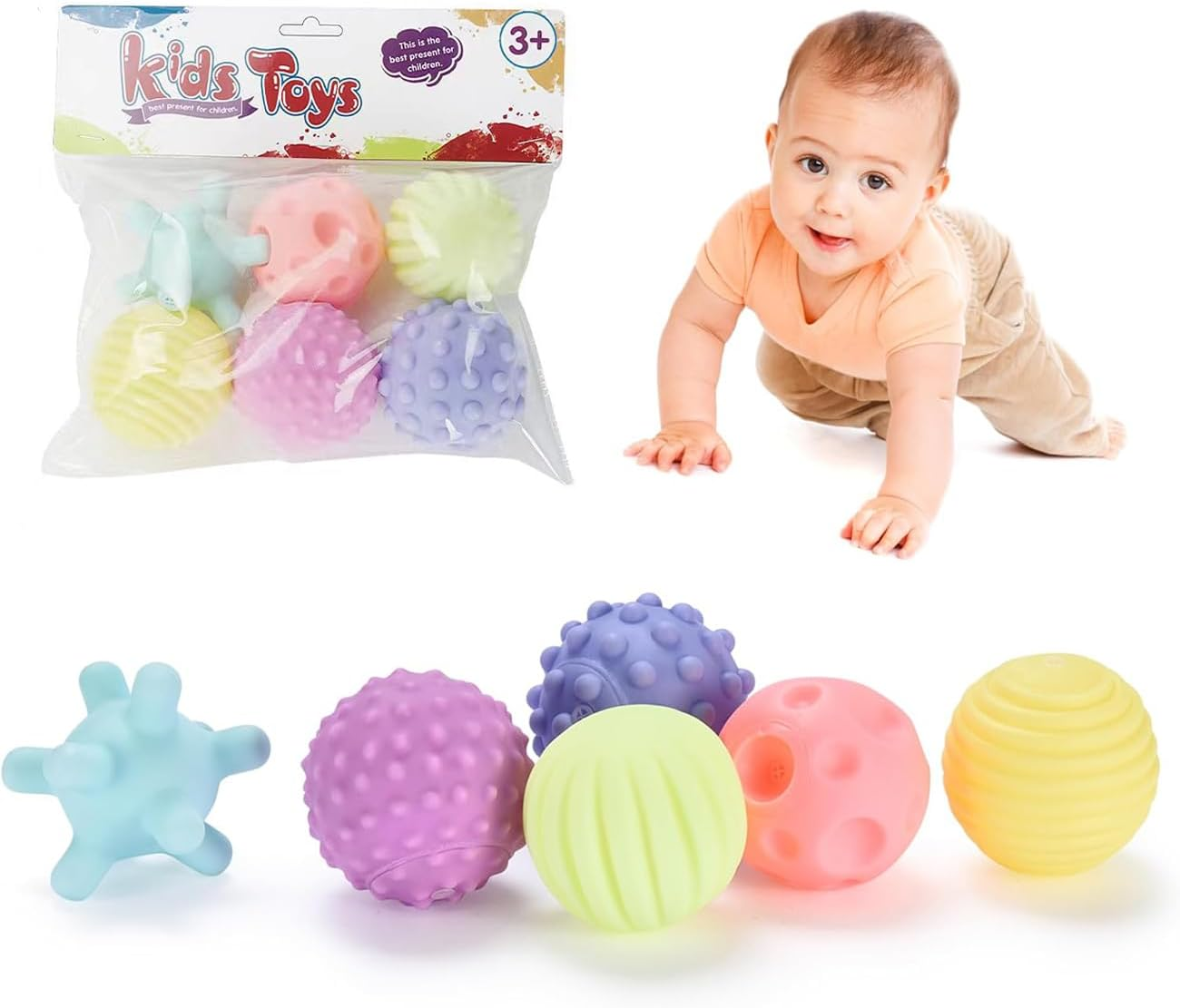 6 Pack Sensory Balls for Baby Sensory Baby Toys for Toddlers 1-3, Bright Color Textured Soft Squeezy Bath Ball, Montessori Toys for Babies Infant Gift Sets image number 6