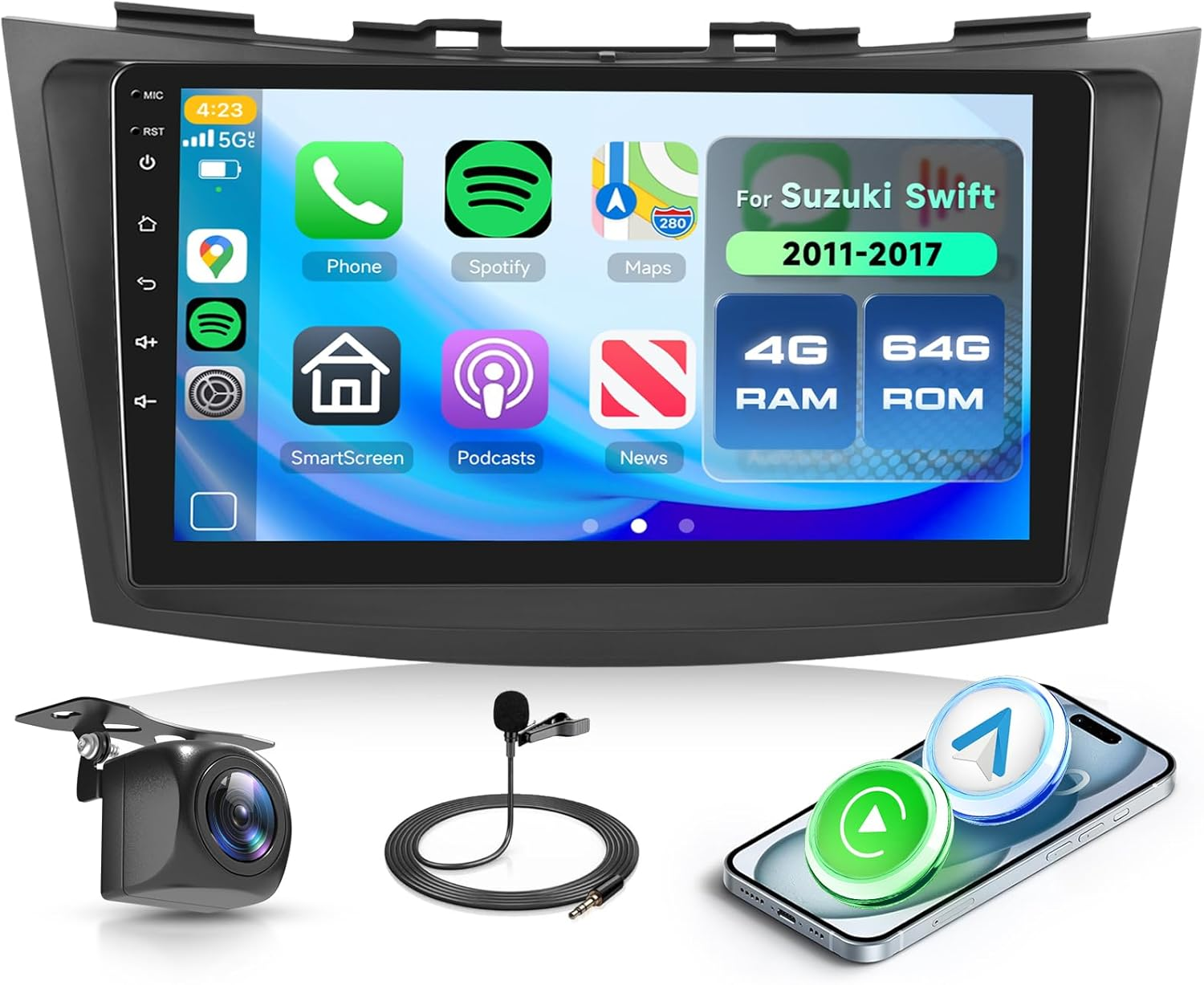 4+64G Android Car Radio Stereo for Suzuki Swift 2011-2017 with Wireless Carplay Android Auto, 9&rsquo;&rsquo; Touch Screen Head Unit with Bluetooth GPS Navigation Mirror Link Wifi FM/RDS DSP Backup Camera SWC image number 2