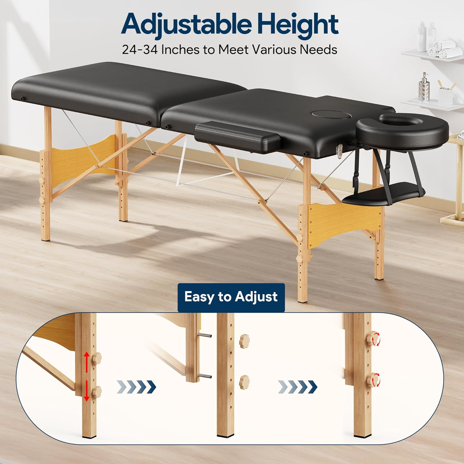 Brelley Massage Table Portable Wooden Lash Bed 24" Wide Adjustable Height 2-Fold Spa Table Foldable Tattoo Bed