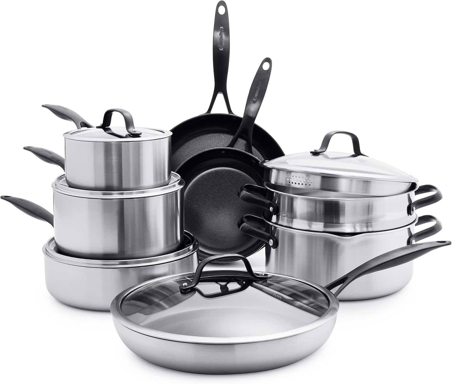 Greenpan Venice Pro Noir Tri-Ply Stainless Steel Healthy Ceramic Nonstick 13 Piece Cookware Pots and Pans Set, Matte Black Handle, Pfas-Free, Multi Clad, Induction, Dishwasher Safe, Oven Safe, Silver image number 3