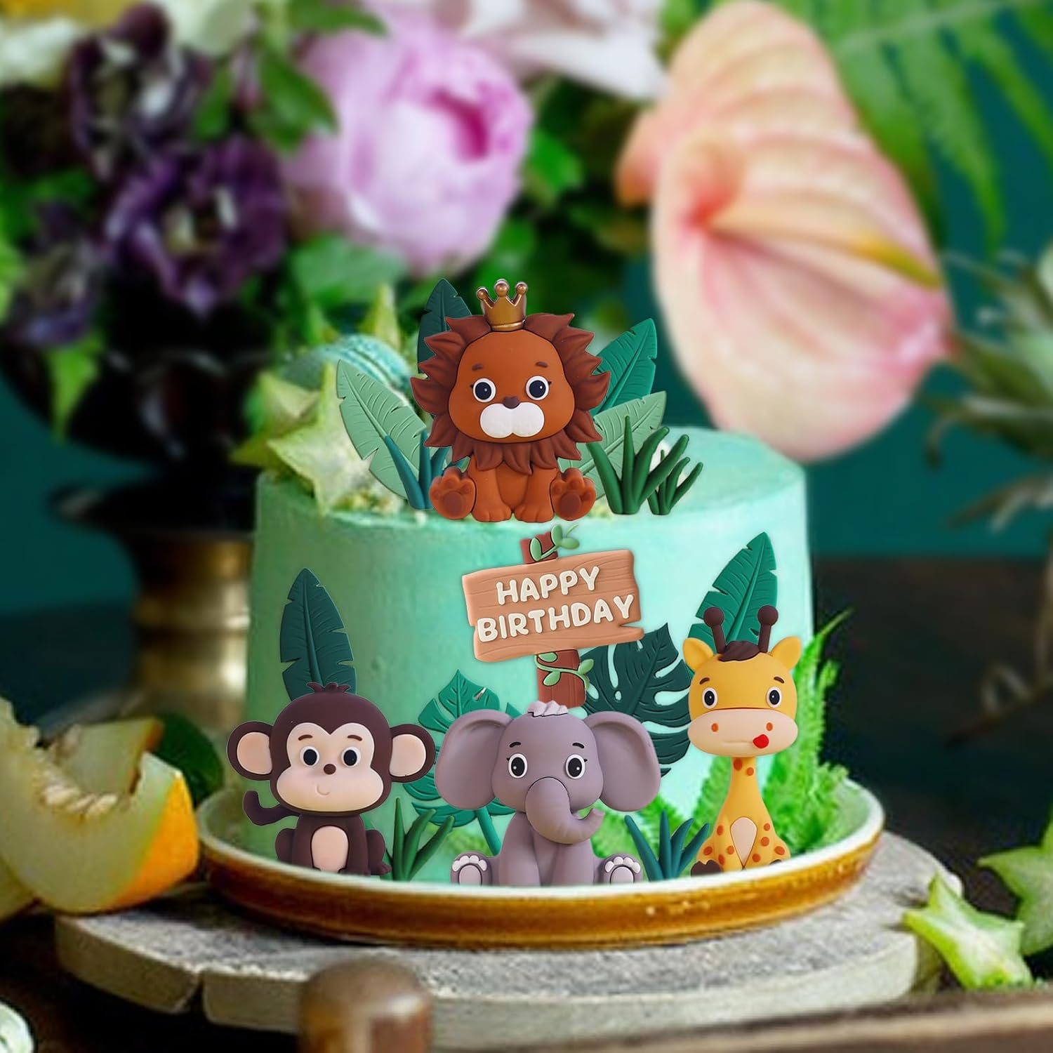 Chris.W 25 PCS Safari Animal Cake Topper Set, Jungle Wild Cake Toppers with Lion Giraffe Monkey Elephant Fake Leaves Grass Cake Decoration for Safari Animals Themed Birthday Party Supplies image number 2