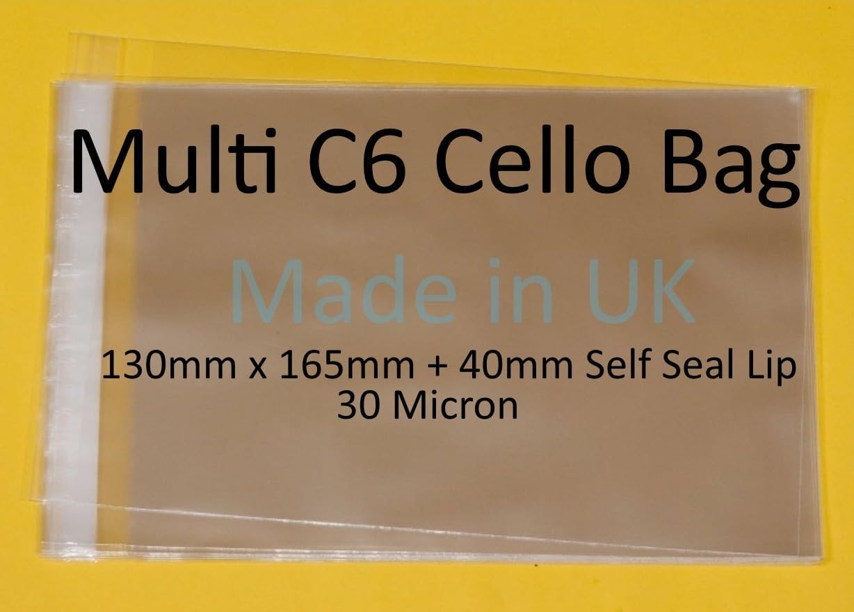 Celloexpress Multi C6-130Mm X 165Mm plus 40Mm Self Seal Flap - 30 Micron Cellophane Clear Display Bags for Holding up to 10 C6 Cards & Envelopes - Small Cello - Pack of 100 image number 1