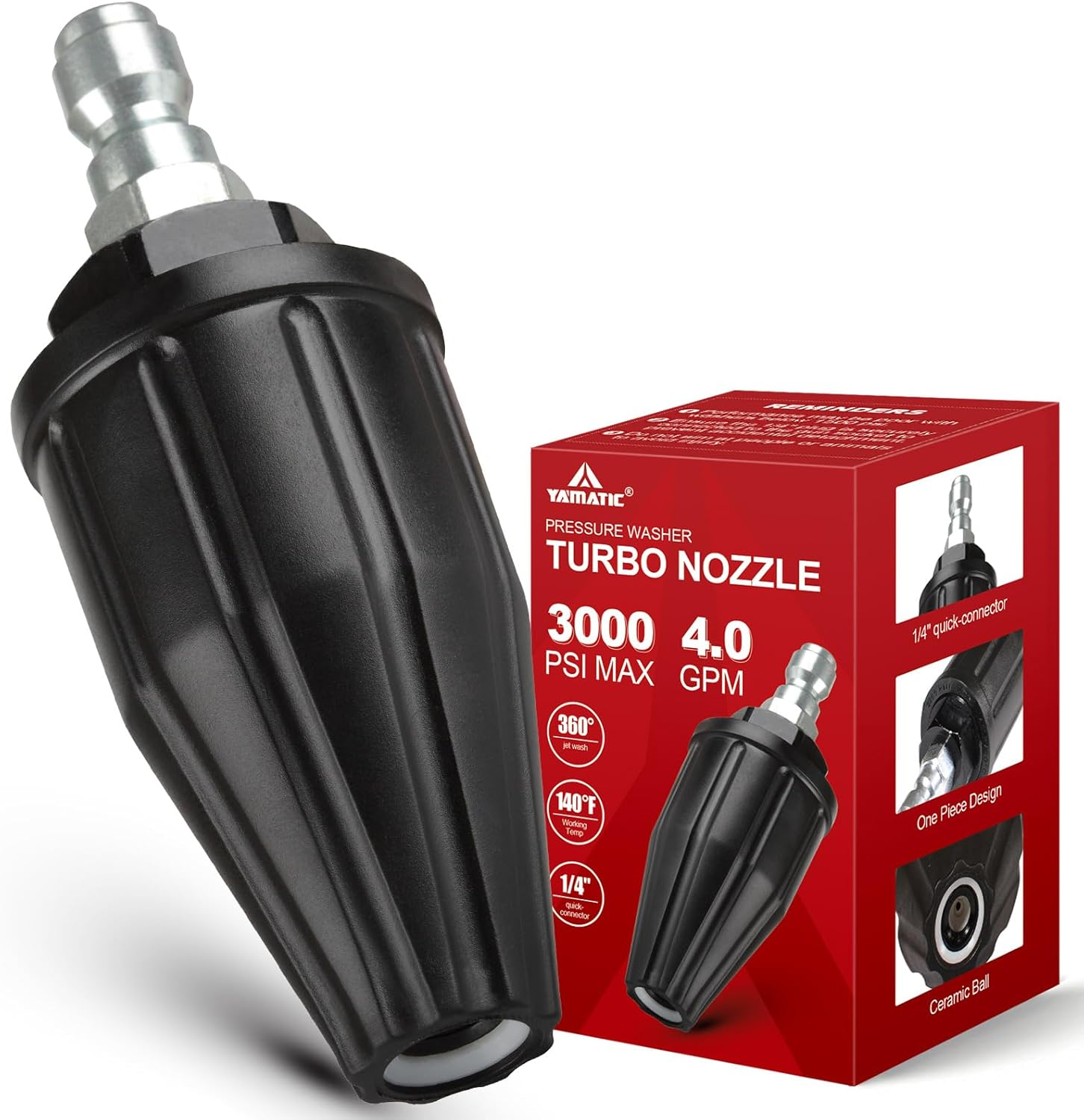 YAMATIC Pressure Washer Tips Turbo Nozzle, 360&deg; Rotating Spray Turbo 3000 PSI 4.0GPM with 1/4" Quick Connector, Compatible with Ryobi, Greenworks, Craftsman, Troybilt, Simpson image number 2