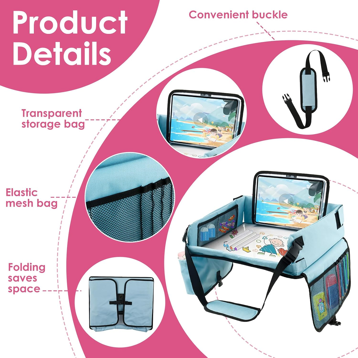 Kid Travel Tray, Portable Toddler Car Seat Tray, Foldable Car Seat Table, Practical Airplane Activity Table for Children Boy Girl (Blove)