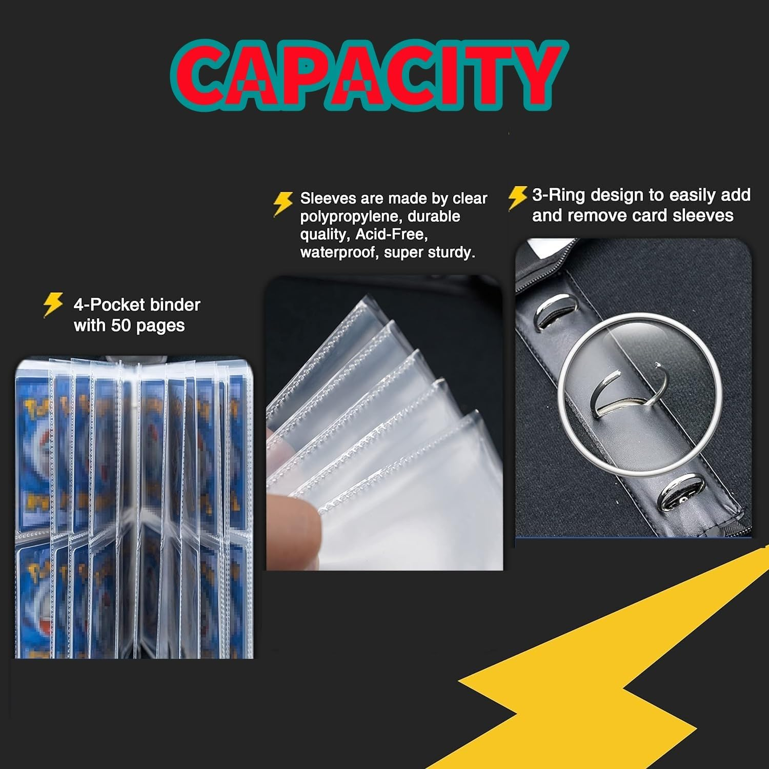 Trading Card Album Binder 4 Pocket,50 Removable Sleeves Fits 400 Cards, Cards Holder Album PU Leather Folder with Zipper and Strap for Game,Book Folder Storage Organizer for Boys Girls (Pink) image number 2