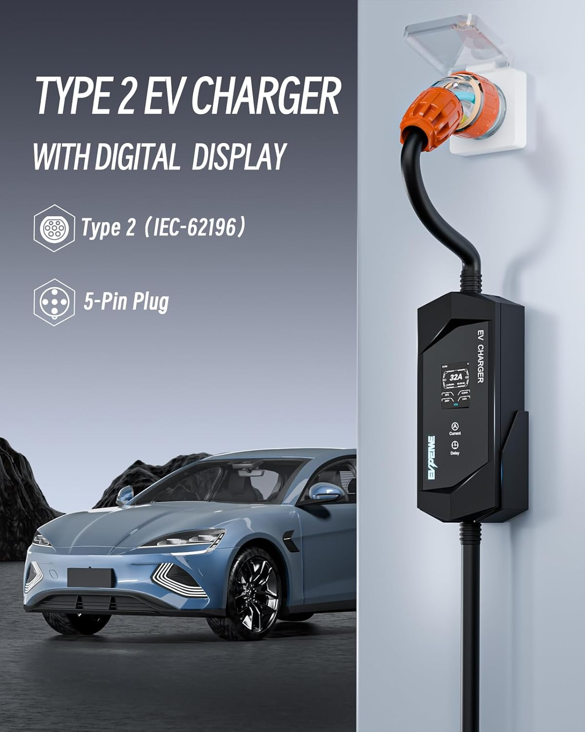 EVPEIWE Type 2 EV Charger 32A 7KW Portable Type 2 EV Charging Cable 5 Pin Single Phase EV Home Charger 6A-32A Adjustable Current Type 2 EV Charger for IEC 62196-2 Evs Model 3/Y BYD Atto3 MG, IP65 - Silver image number 4