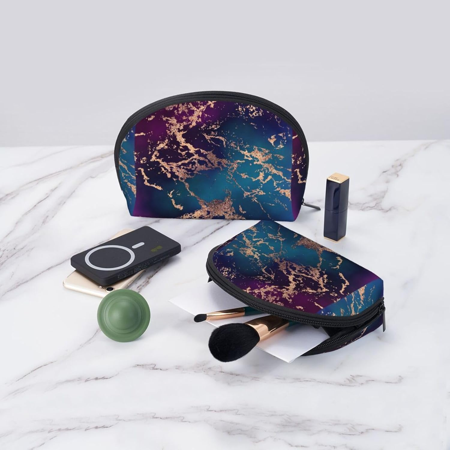 Cozimangoe Coin Pouch Makeup Bags Set, 2 Piece Shell Shape Cosmetic Bag with Pockets for Daily Travel Handbag Lipstick Keys Toiletry, Personalized Marble Luxe Decor Dark Purple and Teal with Gold image number 5