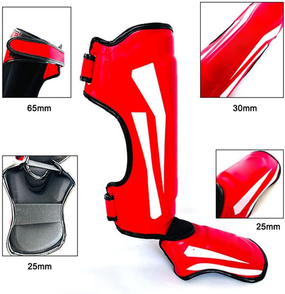 Martial Arts Shin Guards PU Leather Leg Foot Protector Thicken Protective Pads for Kickboxing MMA Training Sparring Equipment Red M image number 2