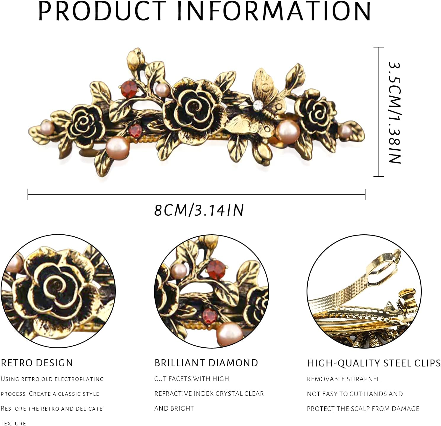 Kavya Automatic Hair Clips, Women'S Thin Hair, Pack of 2 French Vintage Hair Clips, Large Metal Flower, Fashion, Crystal Pearl, Flower Hair Clip, Large Thick Hair Flower Hair Accessories image number 5