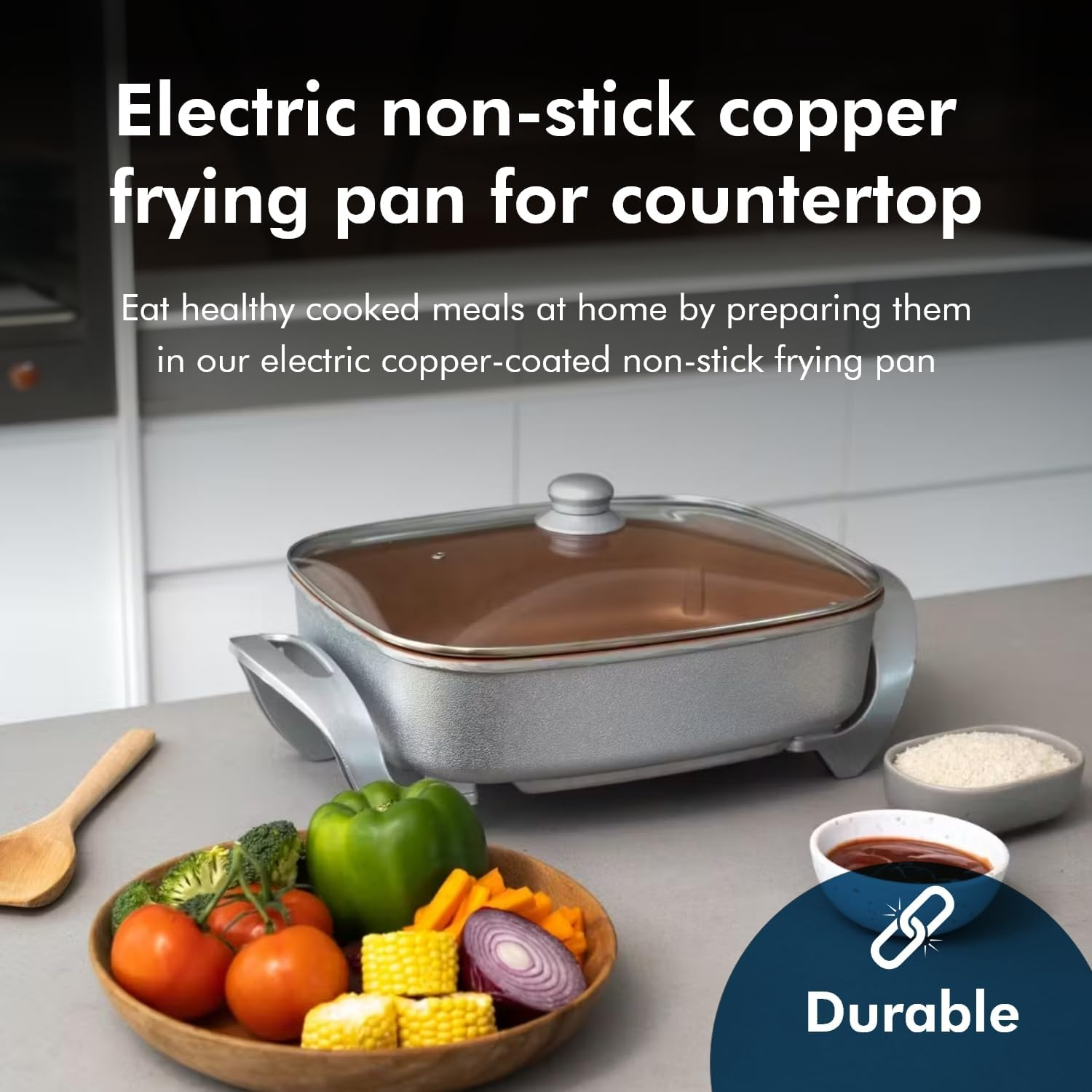 Healthy Choice 38X30CM Electric Kitchen Skillet with Nonstick Copper Coated Grill Pan & Glass Lid Cover, Indoor Countertop Cooking Pan with Temperature Control & Handle Compact Easy Clean image number 5