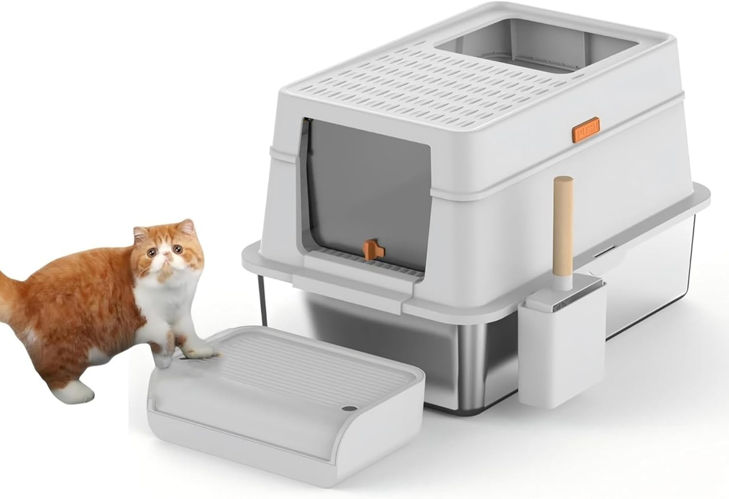 Stainless Steel Cat Litter Box with Lid, XL Large Enclosed/Open Litter Box, Removable Metal Kitty Litter Tray with Lid & Scoop, Odor Free Hooded, Anti-Leakage, Non-Sticky, Easy Cleaning image number 4