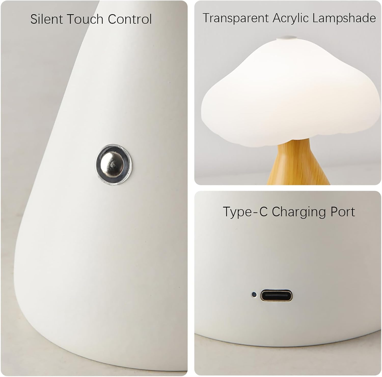 Shenzhi Tech LED Mushroom Table Lamp, USB Rechargeable Desk Lamp, Touch Controlled Dimmable Indoor Night Light for Home Decor Bedside Room (Wood Color) image number 2