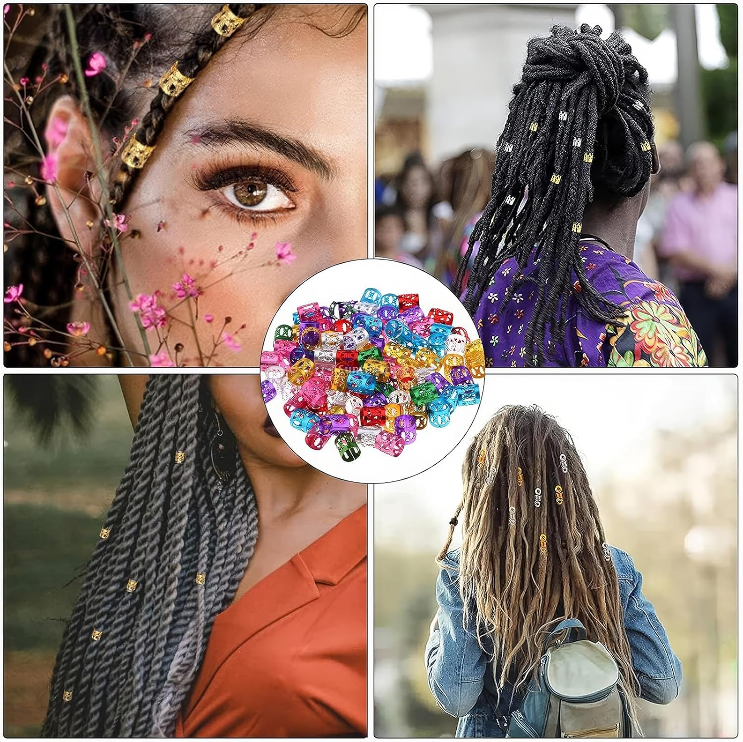 DHWEKU Pack of 50 Dreadlocks Jewellery, Adjustable Metal Cuffs, Hair Spiral Clips, Dreadlocks Beads, Braiding Hair Jewellery, Suitable for Men and Women, Coloured