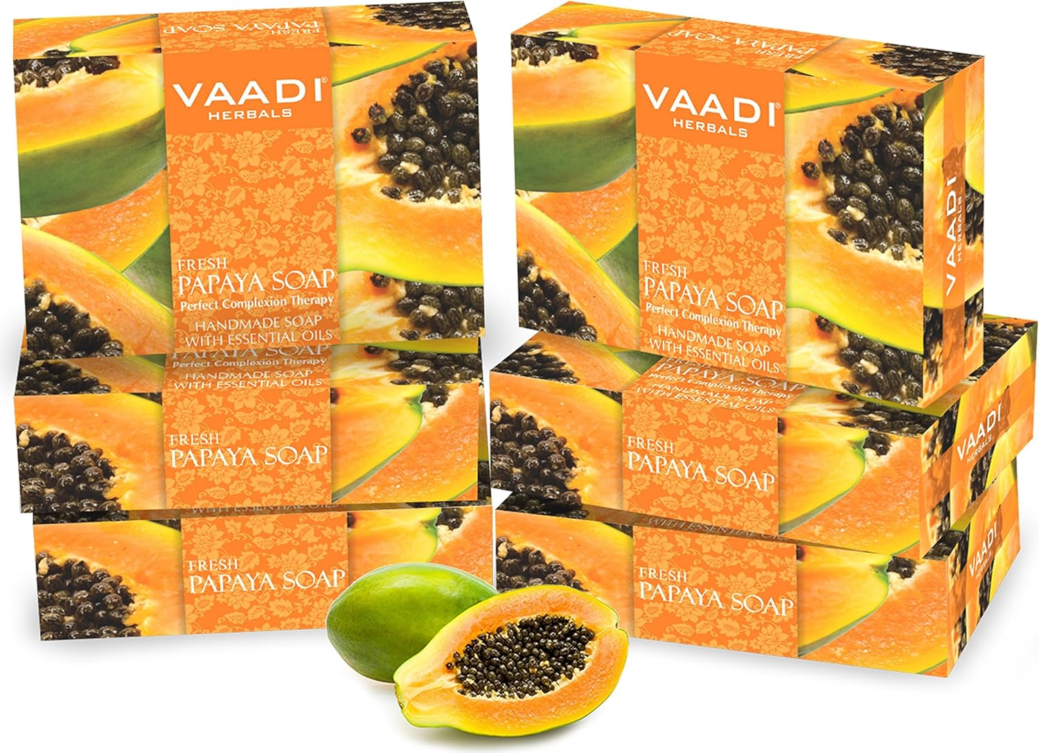 Vaadi Herbals Organic Body Soap Bar Fresh Papaya Soap Complete Skin Care Handmade Herbal Soap (Aromatherapy) with 100% Pure Essential Oils - All Natural - Anti-Acne Deep Pore Cleansing Removes Pimples Oil Control Sulphate Free All Skin Type 6 X 75 Gm image number 4
