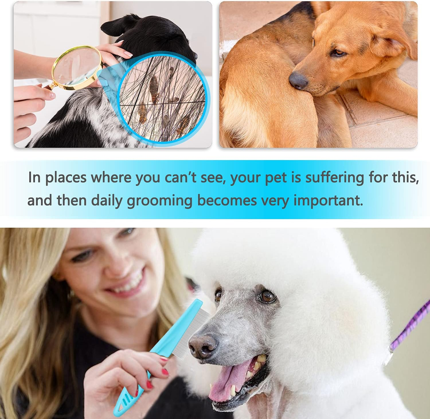 Cat & Dog Grooming Set - Fine Tooth Comb for Removing Dandruff Flakes & Hair (Blue) - Pink image number 5