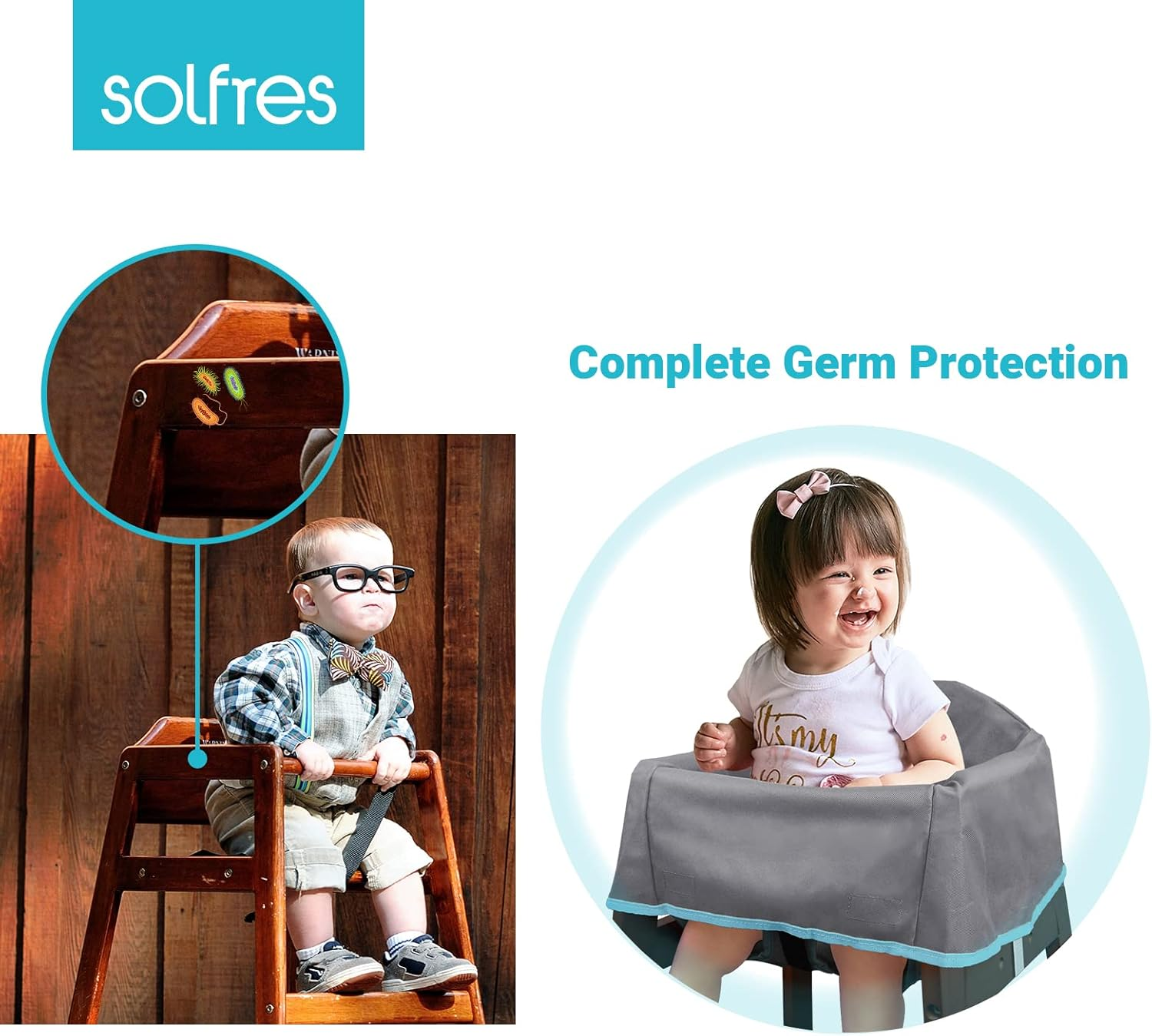 Dual-Belt Baby High Chair Cover, Upgrade Version, for Wooden or Restaurant High Chair, Sturdy and Robust Material, Waterproof Washable Stain and Slip Resistant, Gray