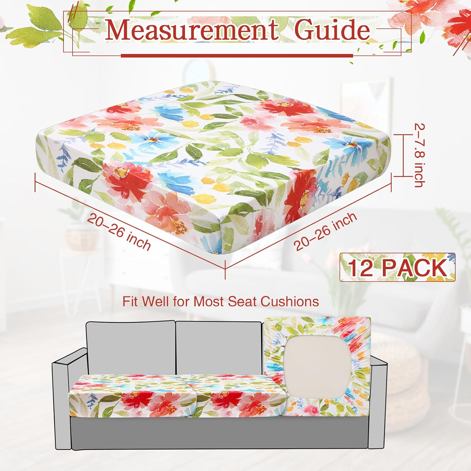 Newwiee 12 Pcs Patio Stretch Outdoor Cushion Covers Sofa Couch Covers Replacement Couch Slipcover for Sofa Seat Chair Porch Patio Furniture Protector, Flexibility and Washable(Flower,Watercolor)