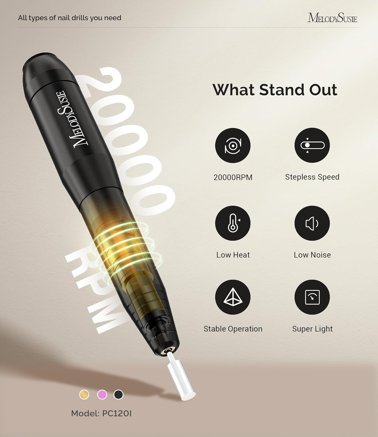 Melodysusie Electric Nail Drill Machine,Pc120I Portable Electric Nail File Efile Set for Acrylic Gel Nails, Manicure Pedicure Tool with Nail Drill Bits Sanding Bands Dust Brush, Black image number 6