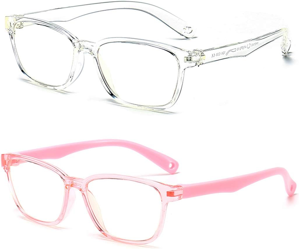 Kids Blue Light Blocking Glasses 2 Pack, anti Eyestrain, Computer TV Phone Glasses for Boys Girls Age 3-9, Clear+Transparent Pink, Medium image number 6