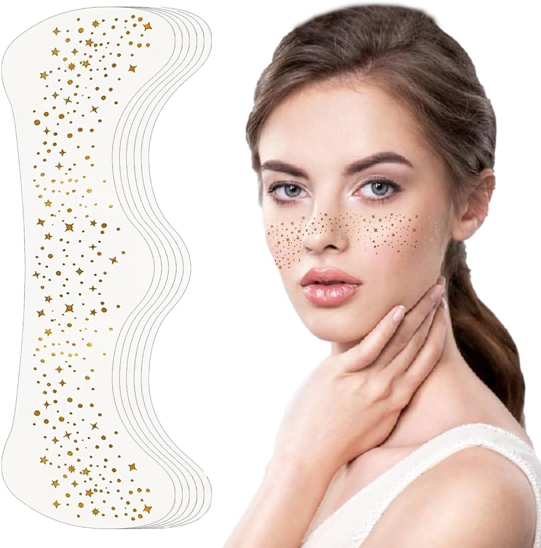 HQRKOTM 6 Pieces Sparkling Freckles Face Tattoos Fake Freckles Makeup Plasters Sparkling Freckle Patches Glow in the Dark Makeup Patches Party Accessory (Gold)
