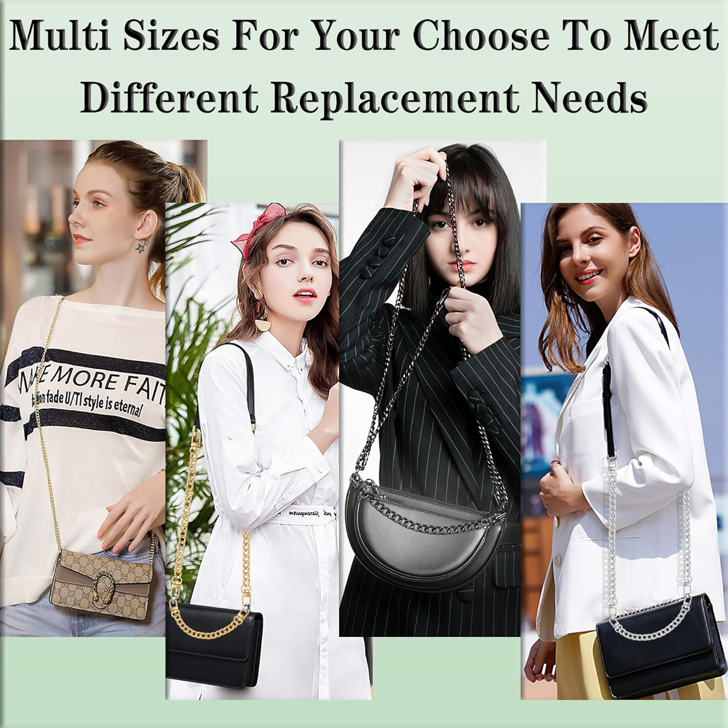 Yuronam 4 Different Sizes Flat Purse Chain Iron Bag Link Chains Shoulder Straps Chains with Metal Buckles Hook for Replacement, DIY Handbags Crafts, 47.2/31.5/15.7/7.9 Inches(Gold) image number 7