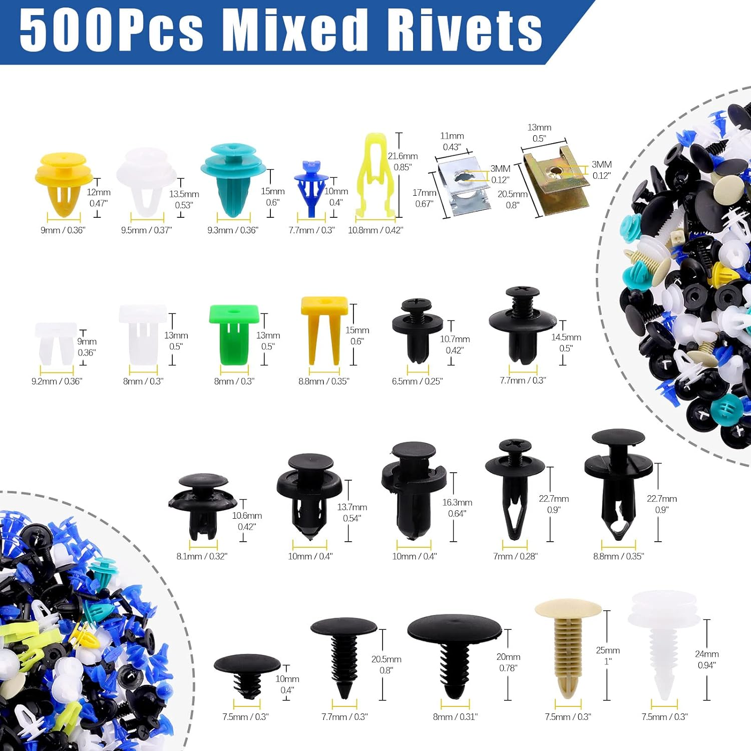 Glarks 500Pcs Mixed Auto Car Retainer Fastener Rivets Push Clips Set, Nylon Bumper Fender Trim Panel Shield Engine Rivets Compatible with GM Ford Chrysler Toyota Lexus Honda Acura Dodge Jeep image number 6