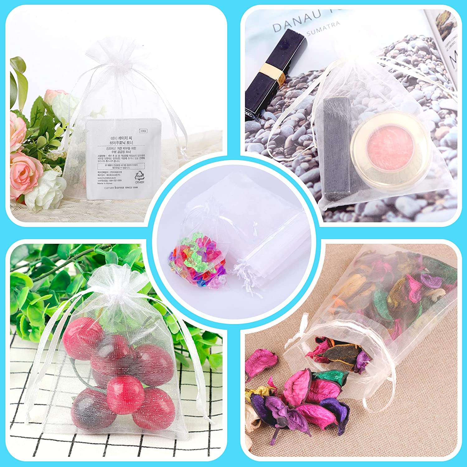 YUNAI 50PCS 13X18Cm Sheer Small Drawstring Organza Gift Bags for Christmas, Wedding and Packaging. image number 6