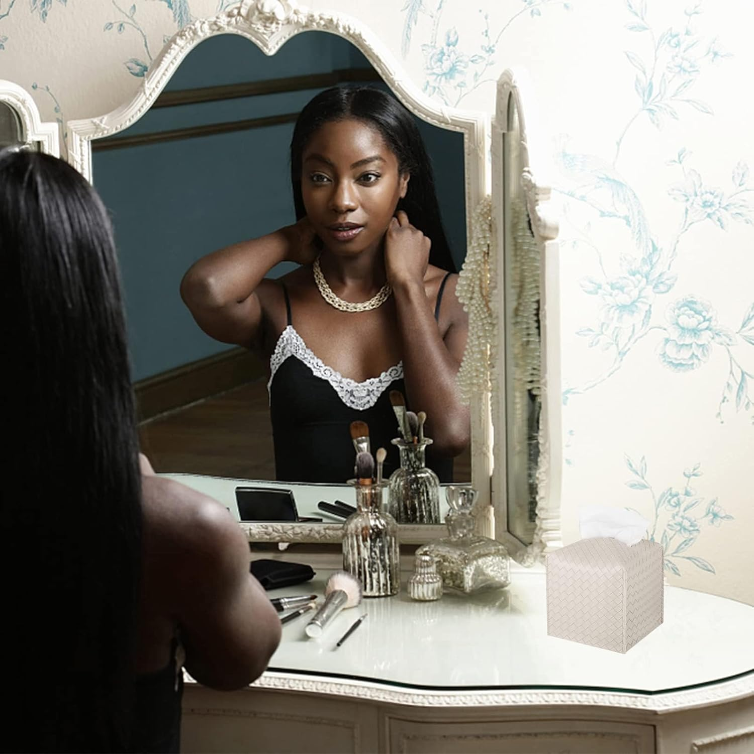 Tissue Box Cover PU Leather Tissue Holder Square Facial Tissue Case Facial Paper Organizer Dispenser for Bathroom, Vanity Countertop, Tabletop, Car, Griege (Beige) image number 3