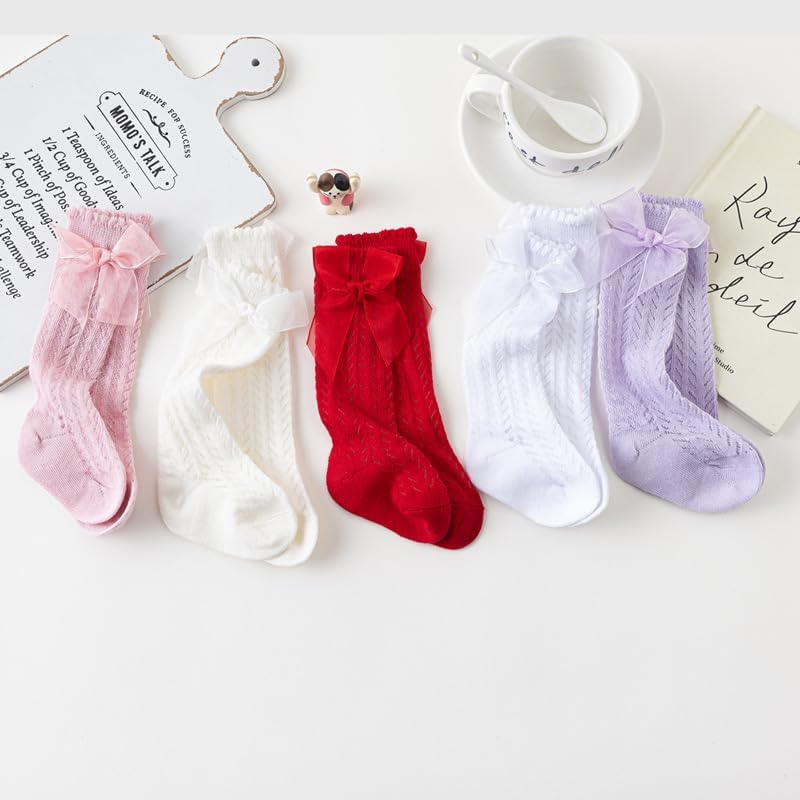Baby Girls Knee with Bows Baby Girls Knee High Socks the Hollow Out Anti-Skid Knitting Sock image number 6