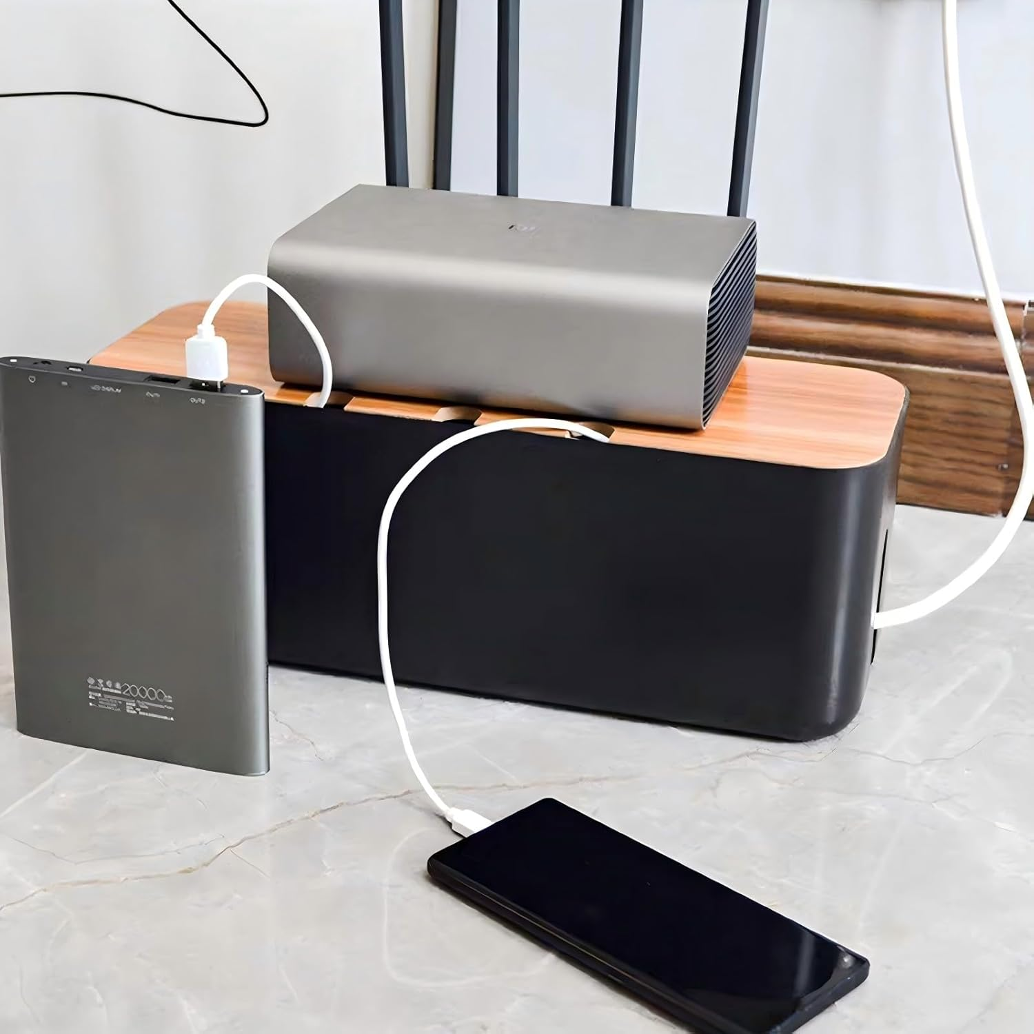 3 PCS Cable Management Box with Bamboo Lid, for TV, Computer, Router, USB Hub and under Desk Power Strip, Safe ABS Material and Baby-Pets Proof Lock, with 10 Cable Ties & 16 Multi-Hole Hubs (Black)