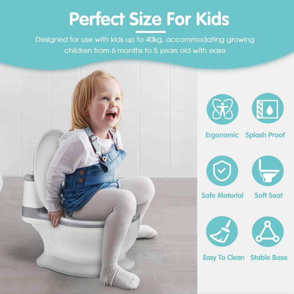 Playpals Potty Training Toilet, Realistic Toddler Potty Training Toilet with Soft Seat, Removable Potty Pot, Toilet Tissue Dispenser and Splash Guard for Toddler& Baby, Easy to Empty and Clean, Grey image number 3