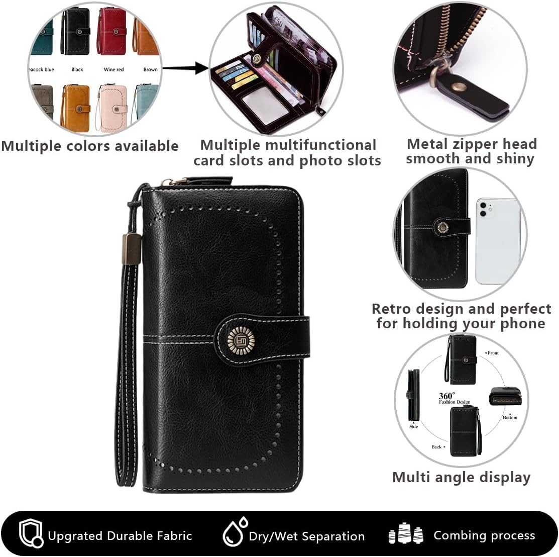 Women Long Wallet Retro Oil Wax Leather Hollowing Out Purse RFID Blocking Credit Card Holder Cute Ladies Girl Travel-Black - Brown image number 3