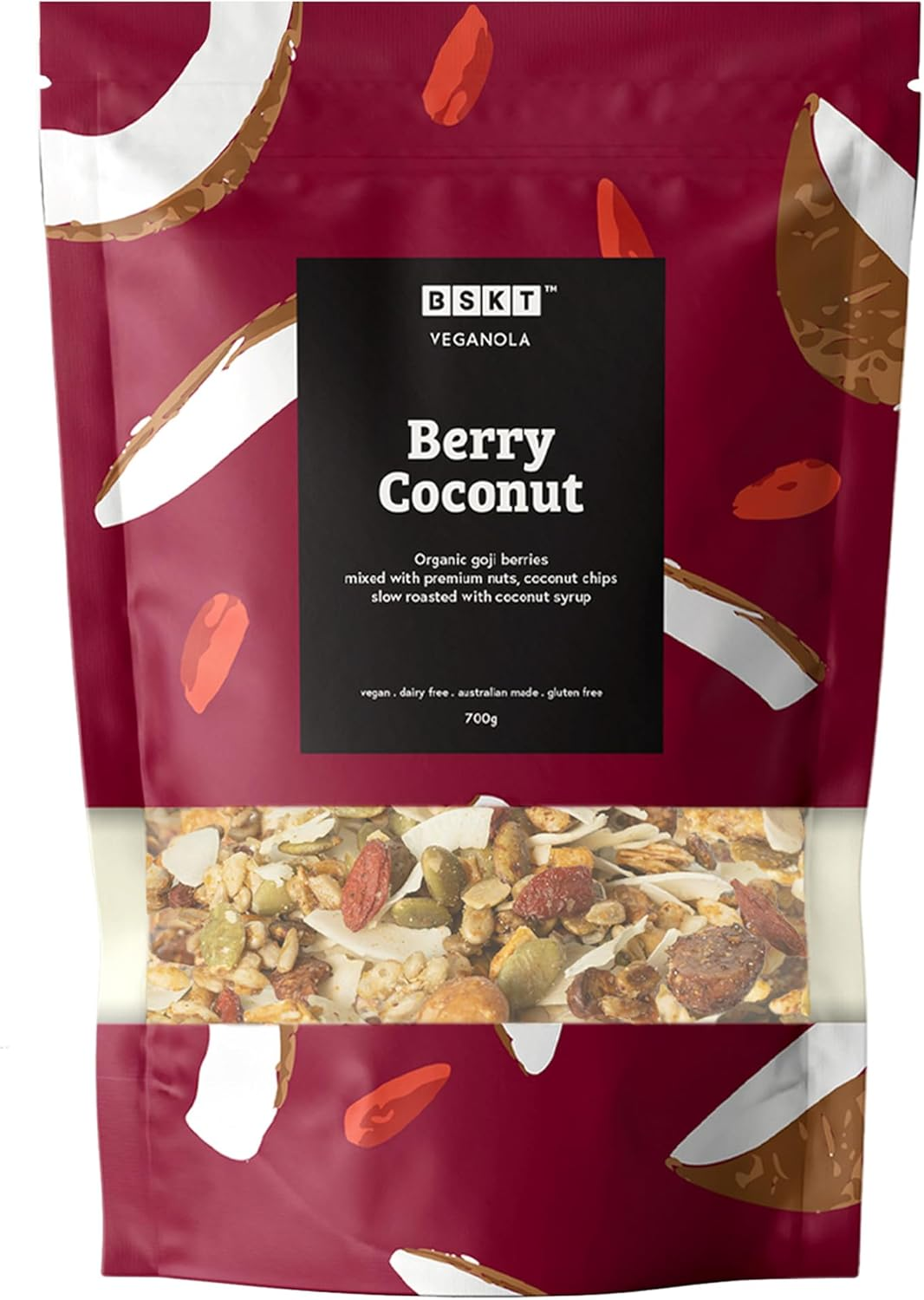 BSKT WHOLEFOODS - Vanilla Cacao Veganola - Granola Breakfast - Gluten Free Non GMO Plant Based - Added Hints of Vanilla Notes - Plant Based - No Use of Refined Sugar - Dusted Organic Cacao - for Snack and Dessert - Healthy Vegan Breakfast - 700G Bag image number 1