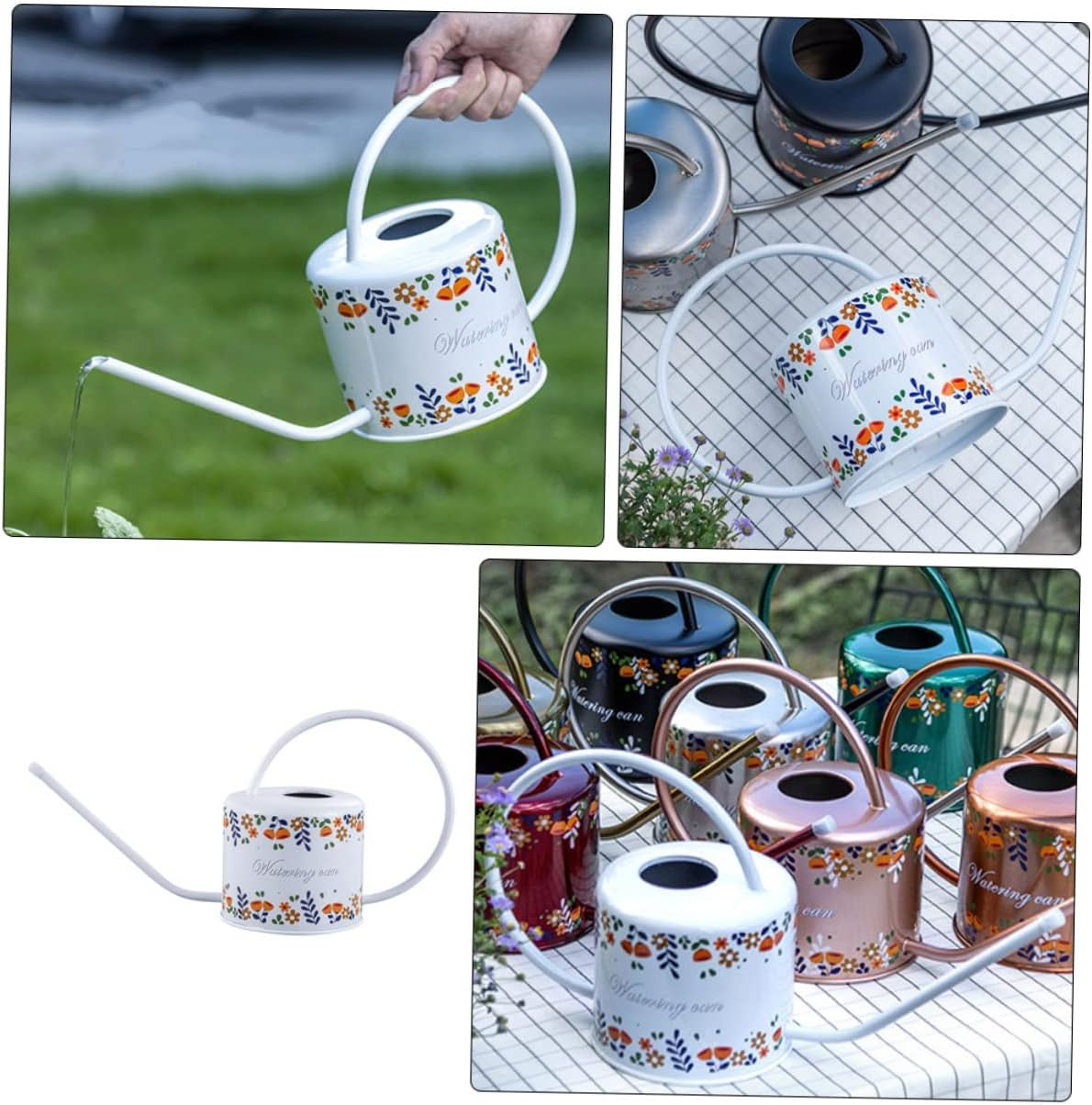 Stainless Steel Long Spout Indoor Watering Can for Plants White 1.5L Watering Kettle Floral Design Gardening Tool for Houseplants and Succulents