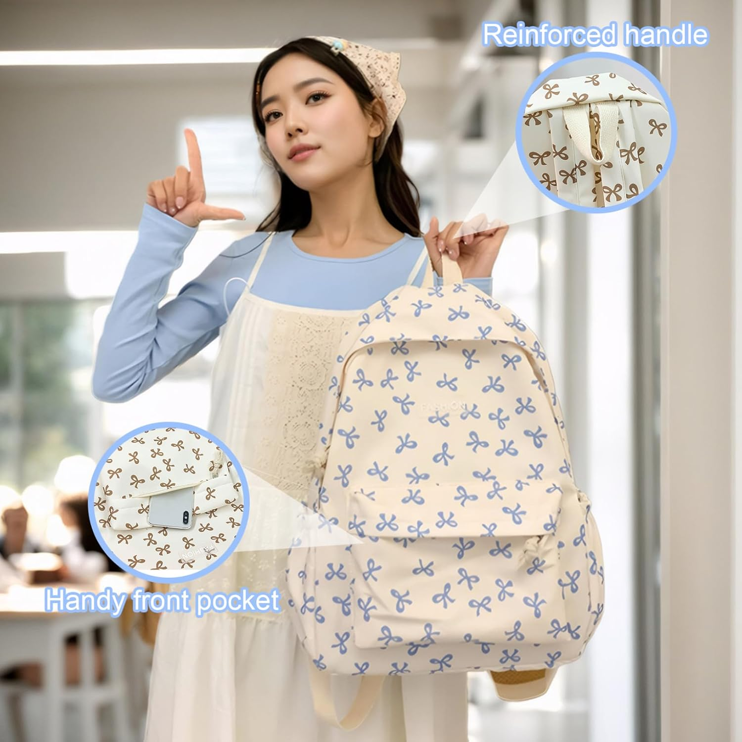 Cute Backpack, Large Capacity Preppy Backpack with Multi-Pocket, Kawaii Backpack with Adjustable Strap for Teens Girls image number 1