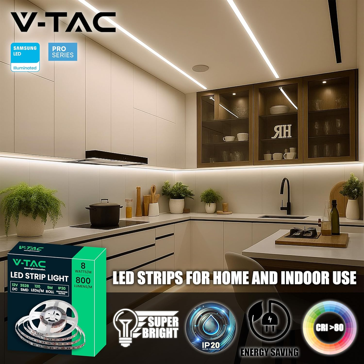 V-TAC SMD 3528 LED Strip 8W 5 Meters Self Adhesive Home Kitchen Bedroom Indoor 800 Lumens Power Supply 12V Cool White 6500K image number 2